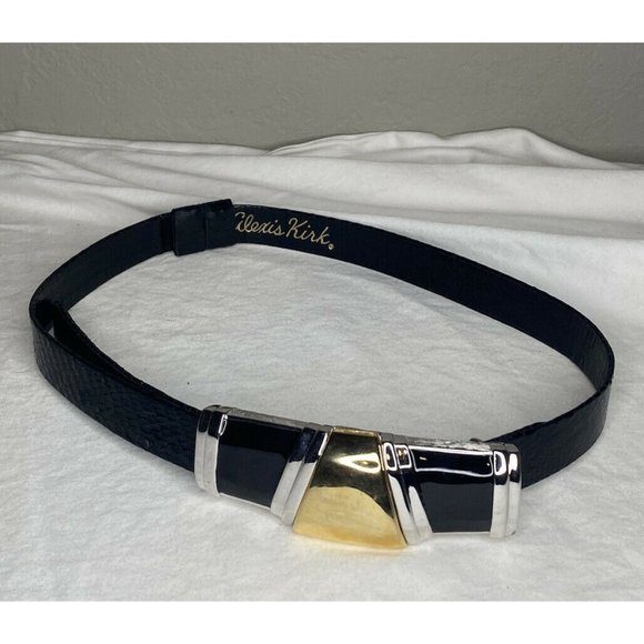 Alexis Kirk Accessories - Vintage Alexis Kirk Black Snake Skin Embossed Belt Gold Silver Buckle One size